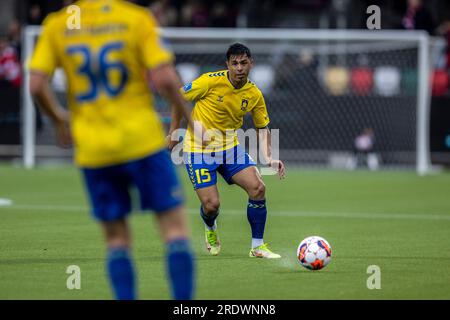 Silkeborg, Dänemark. 23. Juli 2023. Blas Riveros (15) von Broendby, WENN während des 3F. Superliga-Spiels zwischen Silkeborg IF und Broendby IF im Jysk Park in Silkeborg gesehen. (Foto: Gonzales Photo/Alamy Live News Stockfoto