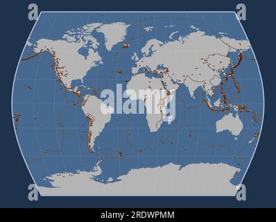 Verteilung bekannter Vulkane auf der Weltkonturkarte in der Times-Projektion, die auf dem Hauptmeridian zentriert ist Stockfoto
