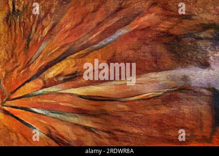 ABSTRACT: Ein auffälliger roter und orangefarbener zeitgenössischer Hintergrund, Bucheinband oder Wandschmuck, inspiriert von „Blowing Flames“. Stockfoto