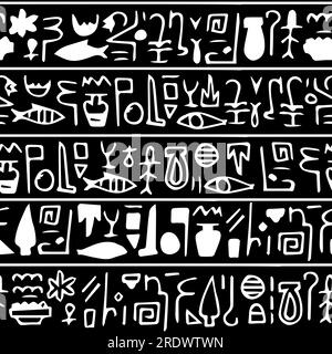 Symbole, die horizontal angeordneten Hieroglyphen ähneln. Von Hand gezeichnetes nahtloses Vektormuster in Schwarz und Weiß Stock Vektor