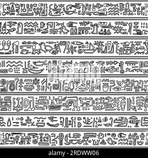 Vektortrendy Einfache handgezeichnete Illustration eines nahtlosen Musterrahmens mit Symbolen, die ägyptischen Hieroglyphen ähneln, auf weißem Hintergrund Stock Vektor