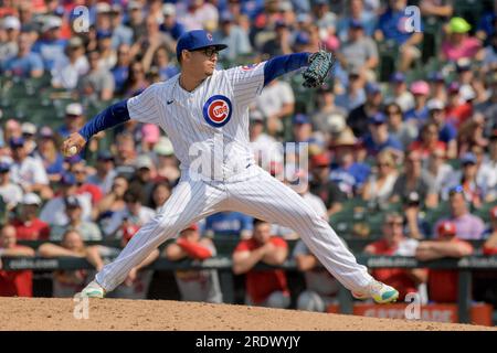 Chicago, Usa. 23. Juli 2023. Chicago Cubs Relief Pitcher Javier Assad (72) wirft gegen die St. Louis Cardinals während des neunten Inning in Wrigley Field in Chicago am Sonntag, den 23. Juli 2023. Foto von Mark Black/UPI Credit: UPI/Alamy Live News Stockfoto