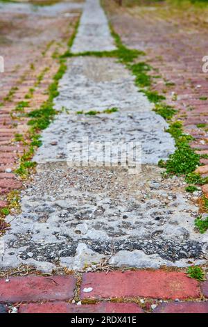 Nahaufnahme der roten Ziegelstraße mit Graspisten, die durch den mittleren Abschnitt von gebrochenem Beton rasten Stockfoto