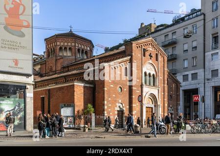 Exterior of Basilica of San Babila, dedicated to saint Babylas of Antioch, seen from the street, Milan city center, Lombardy region, Italy Stock Photo