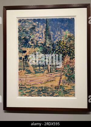 Die Ausstellung „Van Goghs Zypressen“ im Metropolitan Museum of Art ist die erste Ausstellung, die sich auf die Bäume konzentriert - eine der berühmtesten in der Kunstgeschichte. Treppe im Garten der Anstalt, Mai-Juni 1889 Kreide, Pinsel, Ölfarbe und Tinte auf Pappe Stockfoto