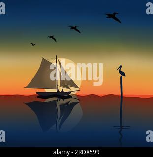 Ein Segelboot mit einem Mann und einer Frau wird bei Sonnenuntergang auf dem Ozean gesehen, während Pelikane überfliegen und ein Vogel in dieser 3-D-Abbildung auf einem Haufen ruht. Stockfoto