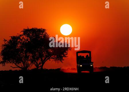 Safari-Auto bei Sonnenaufgang, Wasserloch Klein Namutoni, Etosha-Nationalpark, Namibia Stockfoto