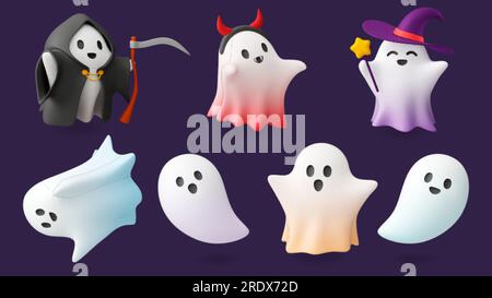Süße 3D-Geister, mit Geisterelementen aus halloween. Weihnachten süße Horrorfiguren, Tod und Vampir, Monster. Ein gruseliges, pietriges Vektorplastikinset Stock Vektor