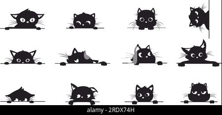 Schwarze Katze guckt, spioniert Katzen aus der Ecke. Kreative grafische Silhouetten mit großen Augen. Guck dir die Kätzchen an, die aussehen und ein verspielter, kuscheliger Vektor sind Stock Vektor