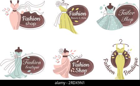 Schneiderboutique. Modelogo mit maßgeschneiderten Accessoires stilisierte Illustrationen Aktuelles Vector Tailor Logo Stock Vektor