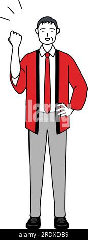 Senior man wearing a red happi coat posing with guts, Vector Illustration Stock Vector