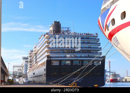 Drei Kreuzfahrtschiffe liegen in Civitavecchia, Italien, vor Anker. P&O’s Azura, Holland America Line’s Oosterdam and the bow of P&O’s Arcadia, April 2023. Stockfoto