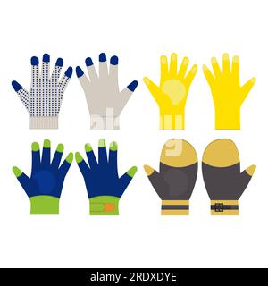 Gepunktete, Gummi-, Schutz-, warme Arbeitshandschuhe. Vektordarstellung, Clipart. Set aus Arbeitshandschuhen und Fäustlingen. Stock Vektor