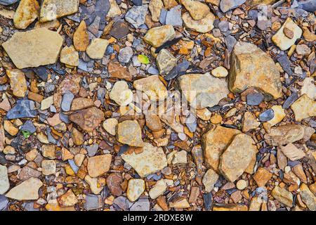 Detailansicht der Flussfelsen in trockenen Herbstfarben Stockfoto