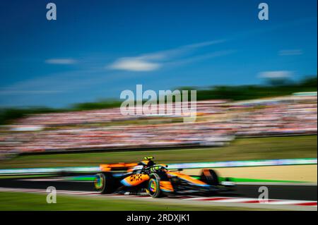 Budapest, Ungarn. 23. Juli 2023. Lando Norris, der britische Fahrer des McLaren F1 Teams, tritt beim ungarischen Grand Prix-Rennen F1 im Hungaroring in der Nähe von Budapest an. Kredit: SOPA Images Limited/Alamy Live News Stockfoto