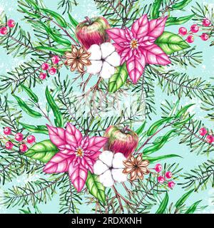 Weihnachtsmuster mit Poinsettia und Baumwollblume auf blauem Hintergrund. Handgezeichnetes nahtloses Aquarell-Muster. Weihnachtsdekoration für das Design Stockfoto