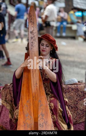 Larkspur, Colorado - 15. Juli 2023: Colorado Renaissance Festival. Moderne Stadt in der Nähe von Colorado Springs, die in ein Tudor-Dorf aus dem 16. Jahrhundert umgewandelt wurde Stockfoto