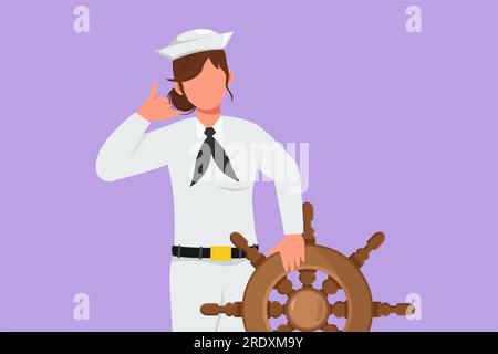 Cartoon flacher Stil, mutige Matrosenfrau mit Call-Me-Geste, bereit, mit einem Schiff, das vom Kapitän angeführt wird, über die Meere zu segeln. Seemannsreisen Stockfoto