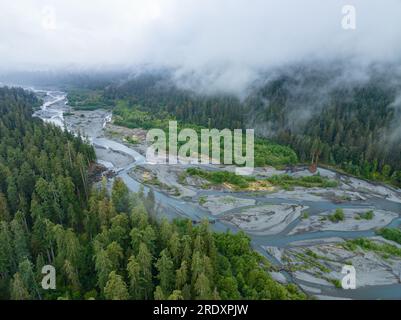 Wolken ziehen über den Hoh River, während er durch einen der größten gemäßigten Regenwälder der USA fließt In diesem Bereich gibt es jährlich 100 cm Regen. Stockfoto