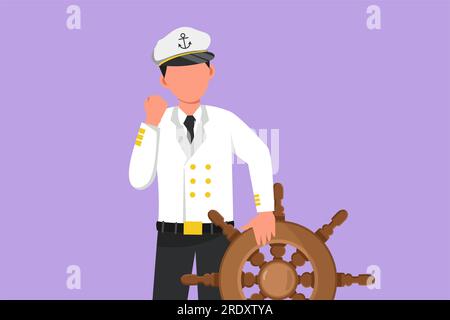 Figur-Flat-Zeichnung tapferer Seemann mit feierlicher Geste, bereit, in einem Schiff, das vom Kapitän angeführt wird, über die Meere zu segeln. Männlicher Seemann reist ac Stockfoto