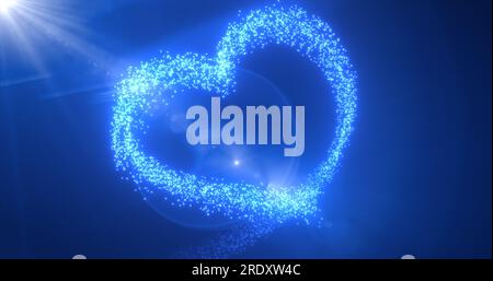 Abstraktes, glühendes weihnachtliches Herz Liebe Blau aus Linien magischer Energie von Partikeln und Punkten auf dunklem Hintergrund zum Valentinstag. Abstrakter Backgro Stockfoto