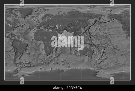 Indische tektonische Platte auf der Bilevel-Elevationskarte in der Compact-Miller-Projektion meridional zentriert. Stockfoto