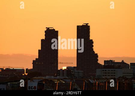 Norra Tornen, Nordtürme, Sonnenuntergang, Stockholm, Schweden. Foto: Oscar Olsson/TT/Code 12046 Stockfoto