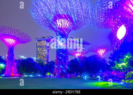 Die abendliche Lichtshow im Supertree Grove of the Gardens an der Bucht in Singapur. Das Marina Bay Sands Hotel ist im Hintergrund zu sehen. Stockfoto