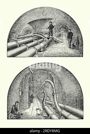 Eine alte Gravur der großen Rohre in den unterirdischen Tunneln, Kanälen oder U-Bahnen unter London, England, Großbritannien in den späten 1800er Jahren Es stammt aus einem viktorianischen Maschinenbaubuch der 1880er Jahre In großen Tunneln wie diesem würden Gasleitungen, Wasserversorgung und Abwasserentsorgung – und später manchmal auch die Stromversorgung – gehören. Hier werden große Eisenrohre verwendet, um Wasser und Abwasser in den gemauerten, gepflasterten, halbrunden „Straßen“ zu transportieren. Inspektionen wurden durchgeführt, da Leckagen üblich waren. Beachten Sie die Schienen im unteren Bild – Materialien und Werkzeuge für Reparaturen könnten in kleinen „Eisenbahnwagen“ transportiert werden. Stockfoto