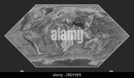 Somalische tektonische Platte auf der Grauskala-Elevationskarte in der Eckert I-Projektion meridional zentriert. Stockfoto