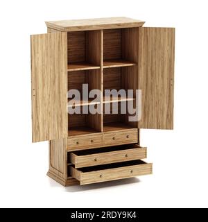 Holzgarderobe im Vintage-Stil mit offenen Schubladen, isoliert auf weißem Hintergrund. 3D Abbildung. Stockfoto