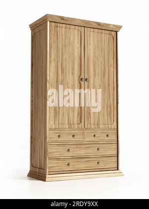 Holzgarderobe im Vintage-Stil, isoliert auf weißem Hintergrund. 3D Abbildung. Stockfoto