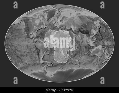 Afrikanische tektonische Platte auf der Grauskala-Elevationskarte in der Fahey-Projektion meridional zentriert. Stockfoto