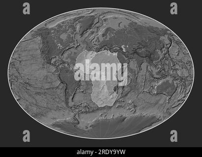 Afrikanische tektonische Platte auf der Bilevel-Elevationskarte in der Fahey-Projektion meridional zentriert. Begrenzungen anderer Platten Stockfoto