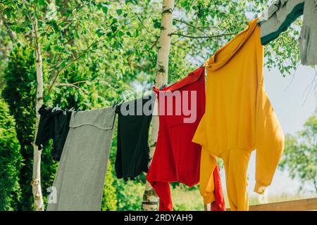 An einem Seil hängen Kleidungsstücke von Birken Stockfoto