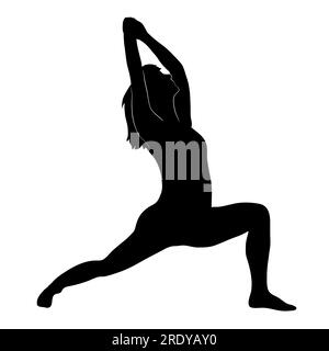 Weibliche Person, die eine Yoga-Pose in Schwarz-Weiß-Silhouette macht. Person, die sich in einem Krieger Ausstreckt, eine Asanas-Haltung. Stockfoto