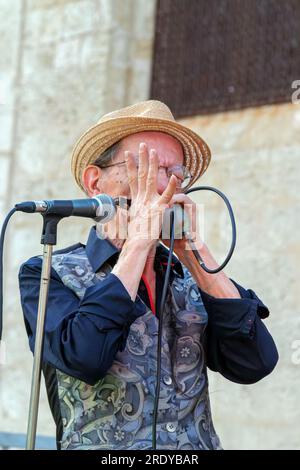 Surville Blues Band Konzert. Place de la Madeleine. Christian Surville auf Mundharmonika. Beziers, Occitanie, Frankreich Stockfoto