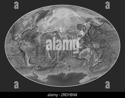 Eurasische tektonische Platte auf der Graustufenhöhenkarte in der Fahey-Projektion meridional zentriert. Stockfoto