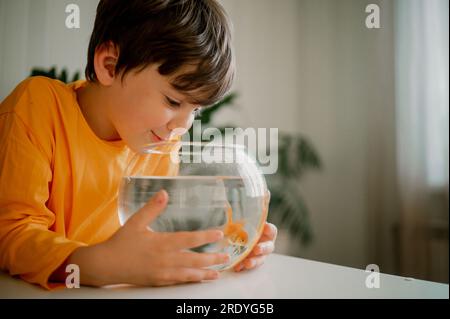 Ein lächelnder Junge, der zu Hause Fisch in der Schüssel sieht Stockfoto