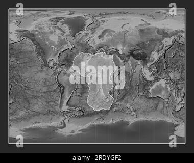 Afrikanische tektonische Platte auf der Grauskala-Elevationskarte in der meridional zentrierten Gall Stereographischen Projektion. Stockfoto