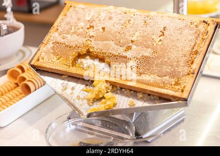 Honigwabe in einer Edelstahlbox in einem Restaurant auf einem Buffettisch. Stockfoto