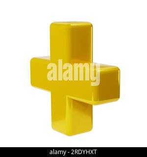Realistisches 3D-symbol mit gelbem goldenem Pluszeichen. Dekoratives arithmetisches Element, Bildung Mathematik, mathematisches oder medizinisches Symbol. Abstrakte Illustration Stockfoto