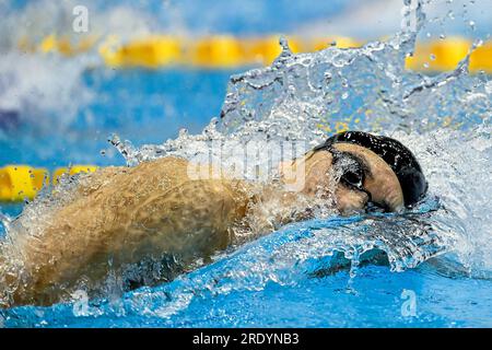 Fukuoka, Japan. 24. Juli 2023. Katsuhiro Matsumoto aus Japan tritt bei den Herren-Freestyle-200m-Läufen während der Wasserweltmeisterschaft 20. in der Marine Messe Hall A in Fukuoka (Japan) am 24. Juli 2023 an. Kredit: Insidefoto di andrea staccioli/Alamy Live News Stockfoto