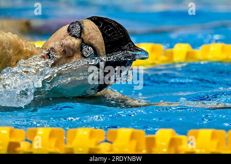 Fukuoka, Japan. 24. Juli 2023. Katsuhiro Matsumoto aus Japan tritt bei den Herren-Freestyle-200m-Läufen während der Wasserweltmeisterschaft 20. in der Marine Messe Hall A in Fukuoka (Japan) am 24. Juli 2023 an. Kredit: Insidefoto di andrea staccioli/Alamy Live News Stockfoto