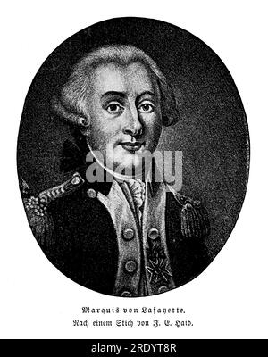 Marquis de Lafayette (1757-1834), mit vollem Namen Marie-Joseph Paul Yves Roch Gilbert du Motier, war ein französischer Offizier und Staatsmann, der eine bedeutende Rolle im Amerikanischen Unabhängigkeitskrieg und in der Französischen Revolution spielte. Inspiriert von den Idealen der Freiheit und Gleichheit, schloss sich Lafayette der amerikanischen Sache an und diente als ein wichtiger Verbündeter von General George Washington Stockfoto