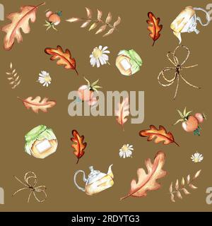 Ein Satz von Aquarellelementen. Herbstblätter aus Asche, Ahorn, Eiche. Helle Pilze. Süße, lustige Füchse. Geeignet zum Drucken von Grußkarten, Inv Stockfoto