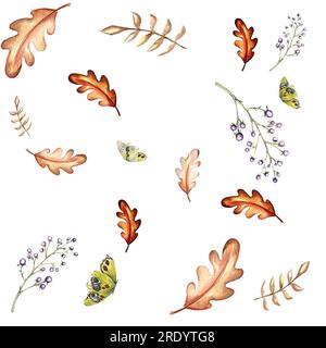 Ein Satz von Aquarellelementen. Herbstblätter aus Asche, Ahorn, Eiche. Helle Pilze. Süße, lustige Füchse. Geeignet zum Drucken von Grußkarten, Inv Stockfoto