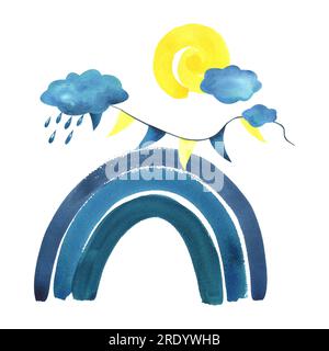 Blauer Regenbogen mit Wolken, Regentropfen, gelbe Sonne, Girlande aus Flaggen. Aquarelle, handgezeichnet, im Stil eines Kindes. Ein isolierter Stockfoto