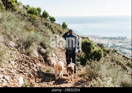 Junger Mann, der in Malaga mit zwei Hunden in Bergen gegen den Ozean wandert Stockfoto