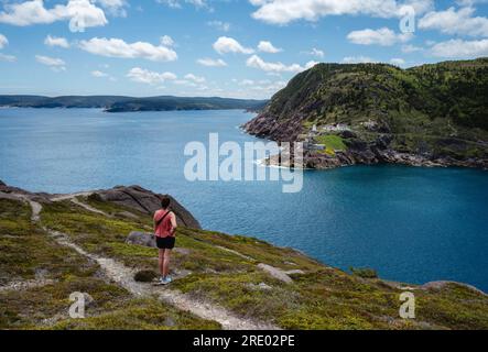 Mann auf dem Weg mit Blick auf den Hafen von St. John's, Nfld Stockfoto